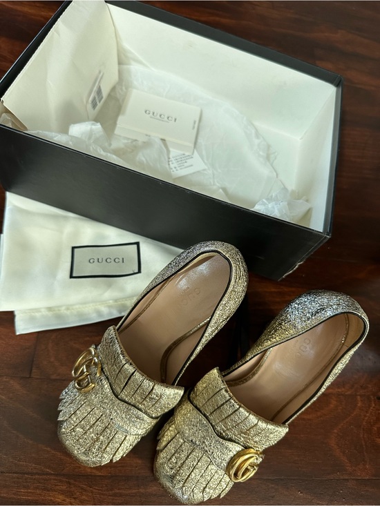 Gucci Shoes - Gucci Gold Glitter Fringe Heeled Loafers with Double G